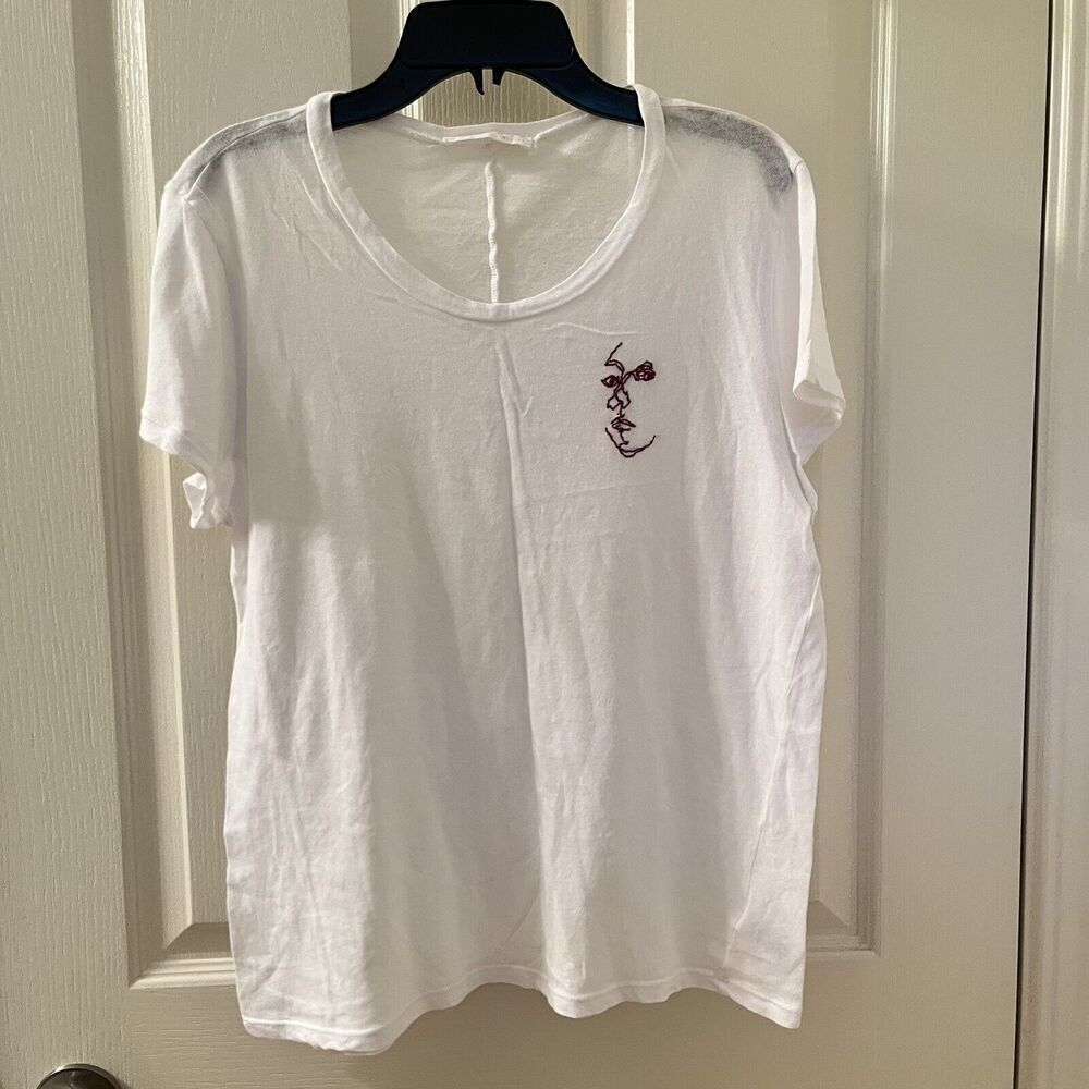 LACAUSA Uniform Frank Tee Shirt Whitewash Embroidered Face Women's Size Large